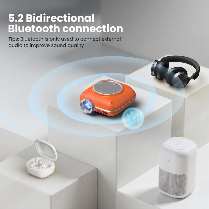 HOMPOW Mini Projector with Two -Way Bluetooth, Portable Projector for Home Theater Use, Support 1080P for Outdoor Projector/Movie Projector Compatible with HDMI, USB, Laptop, TV Stick (Orange) - Image 4